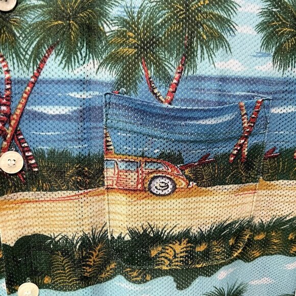 Vintage Ocean Current Hawaiian Shirt Mens XL Old Cars Palm Trees Beach Scene - Picture 4 of 8